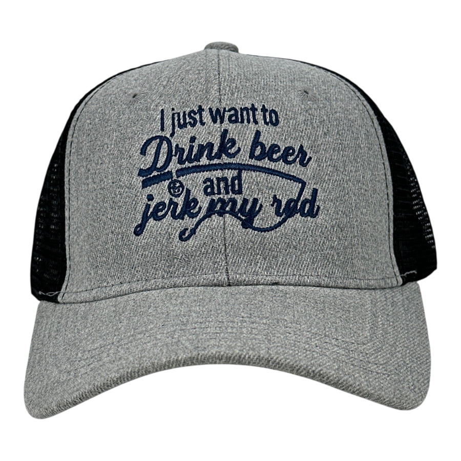 Funny Heather Black - Drink Beer Jerk Rod I Just Want to Drink Beer and Jerk My Rod Nerdy Fishing Beer Tee