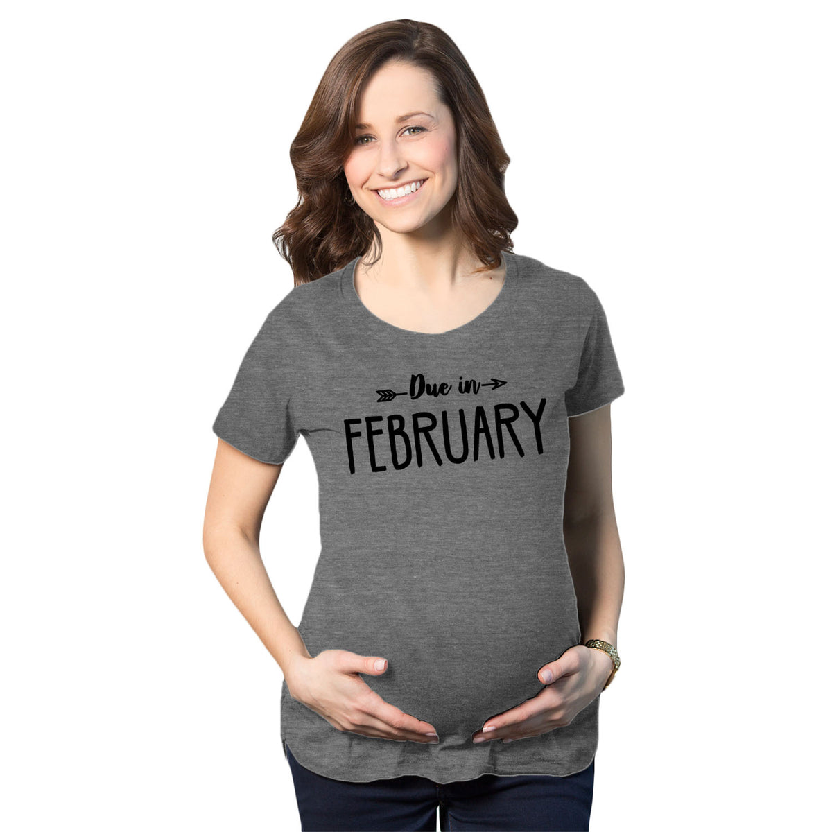 Funny Dark Heather Grey - February Due In Announcement Maternity T Shirt Nerdy Tee