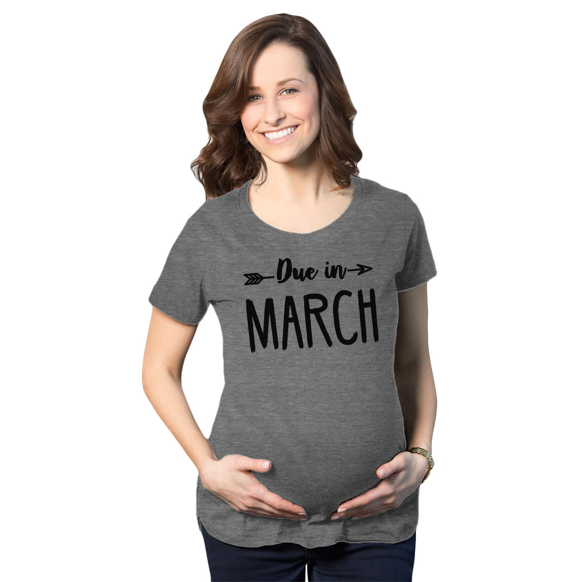 Funny Dark Heather Grey - March Due In Announcement Maternity T Shirt Nerdy Tee