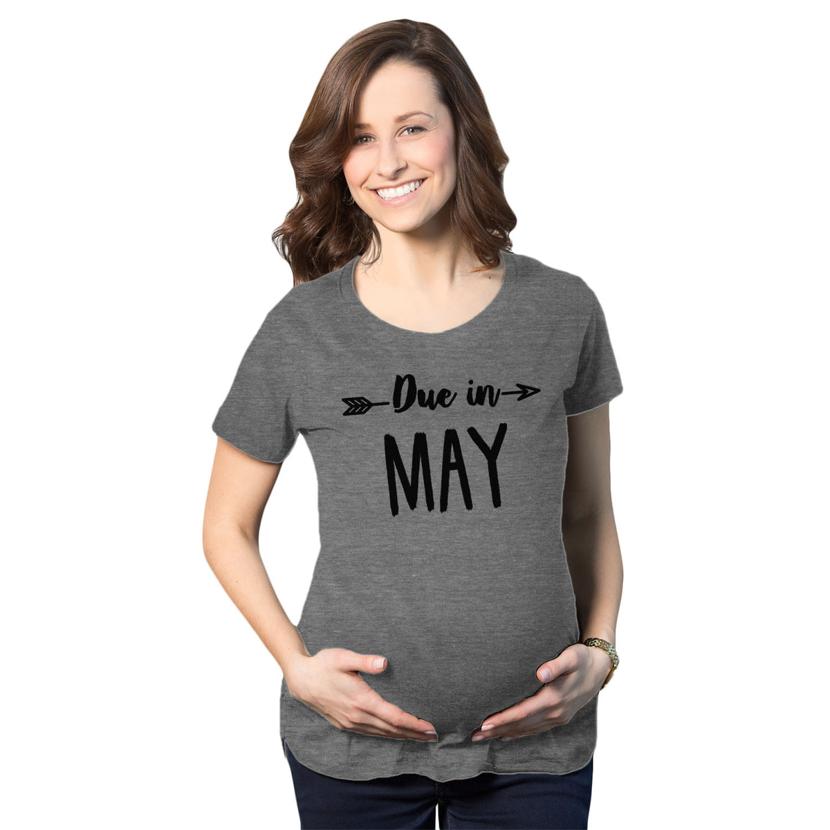 Funny Dark Heather Grey - May Due In Announcement Maternity T Shirt Nerdy Tee