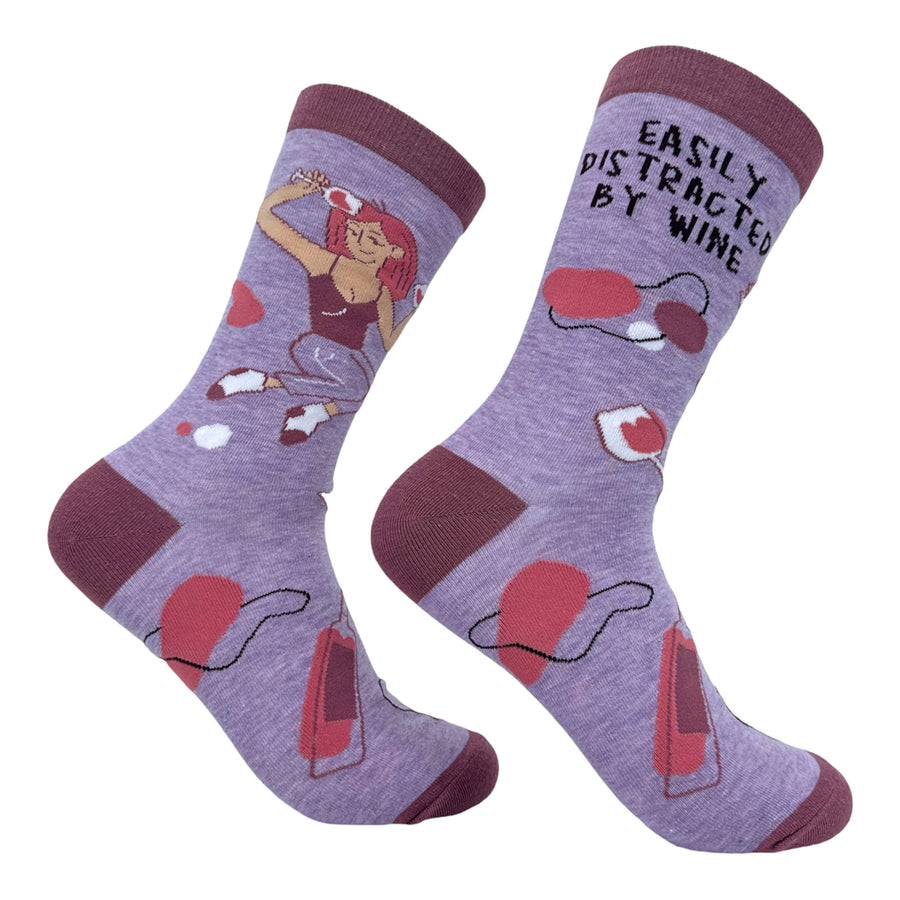 Funny Purple - WINE Women's Easily Distracted By Wine Sock Nerdy Wine Tee