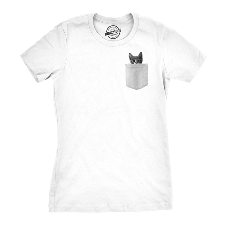 Funny White Pocket Cat Womens T Shirt Nerdy Cat Tee