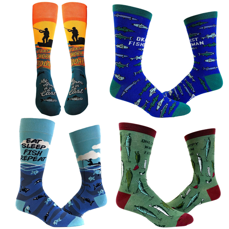 Funny Fishing 4 Pack Mens Fishing Sock 4 Pack Sock Nerdy Father's Day Fishing sarcastic Tee