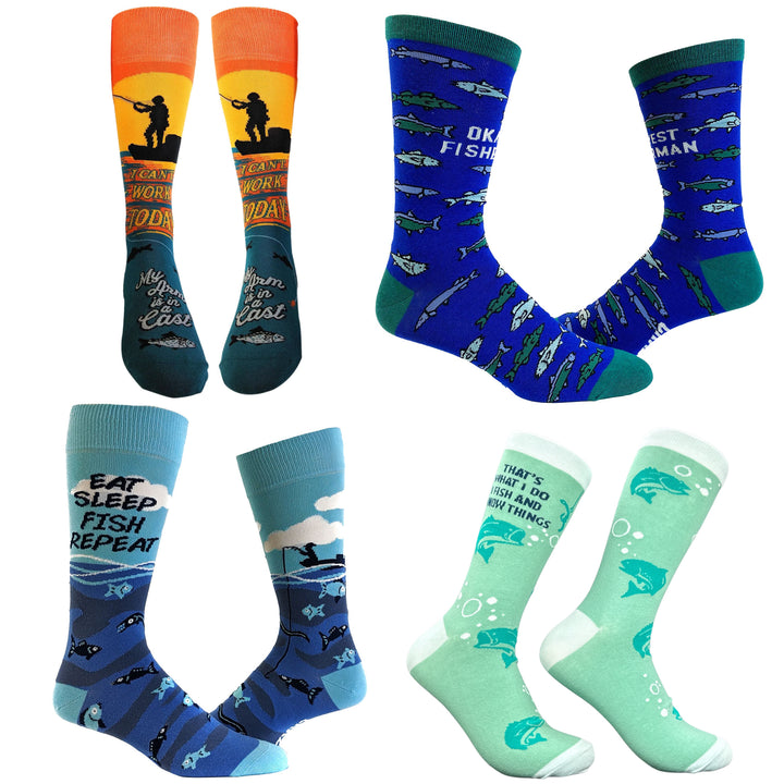 Funny Fishing 4 Pack Mens Fishing Sock 4 Pack Sock Nerdy Father's Day Fishing sarcastic Tee