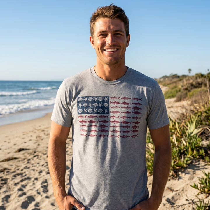 Fish Sea Shells American Flag Men's T Shirt