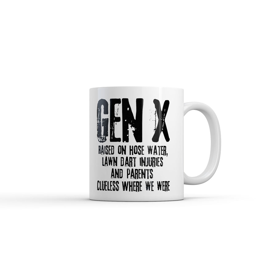 Funny White Gen X Raised On Hose Water Lawn Dart Injuries and Parents Clueless Where We Were Coffee Mug Nerdy Tee