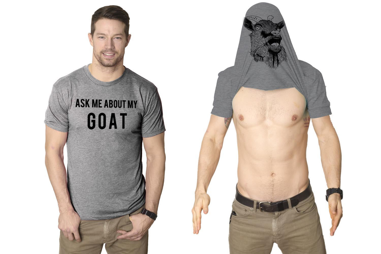 Funny Light Heather Grey Ask Me About My Goat Flip Mens T Shirt Nerdy Animal Flip Tee
