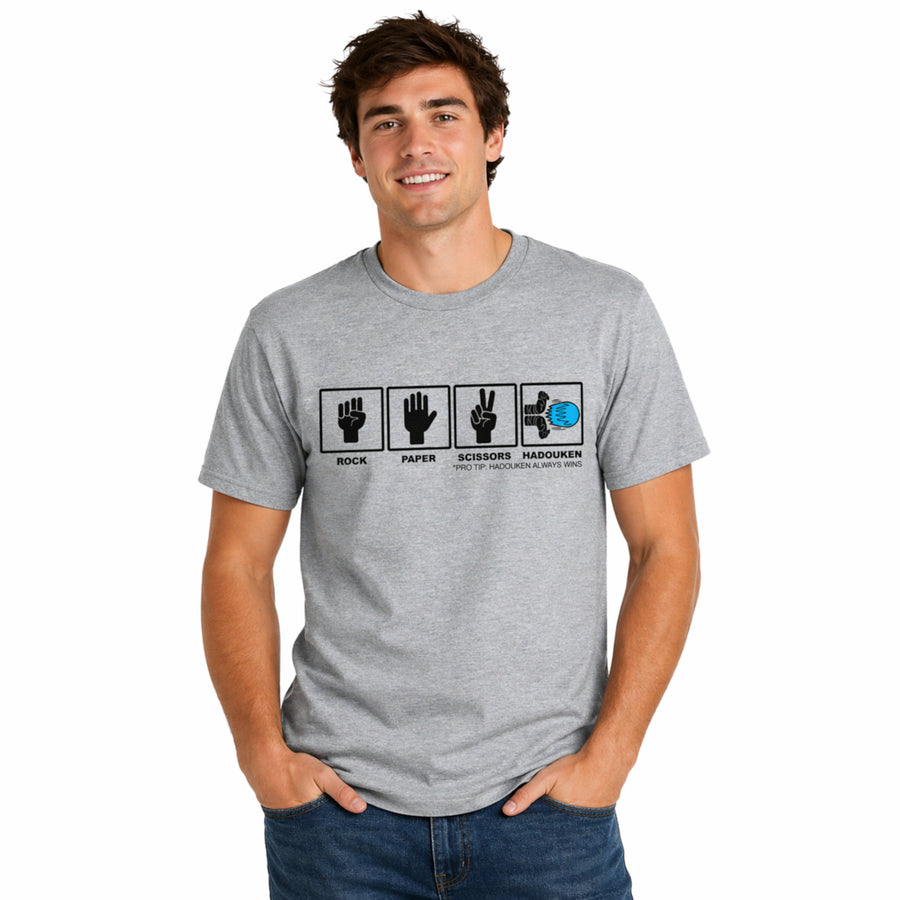 Funny Light Heather Grey - Hadouken Rock Paper Scissors Hadouken Mens T Shirt Nerdy Video Games Tee
