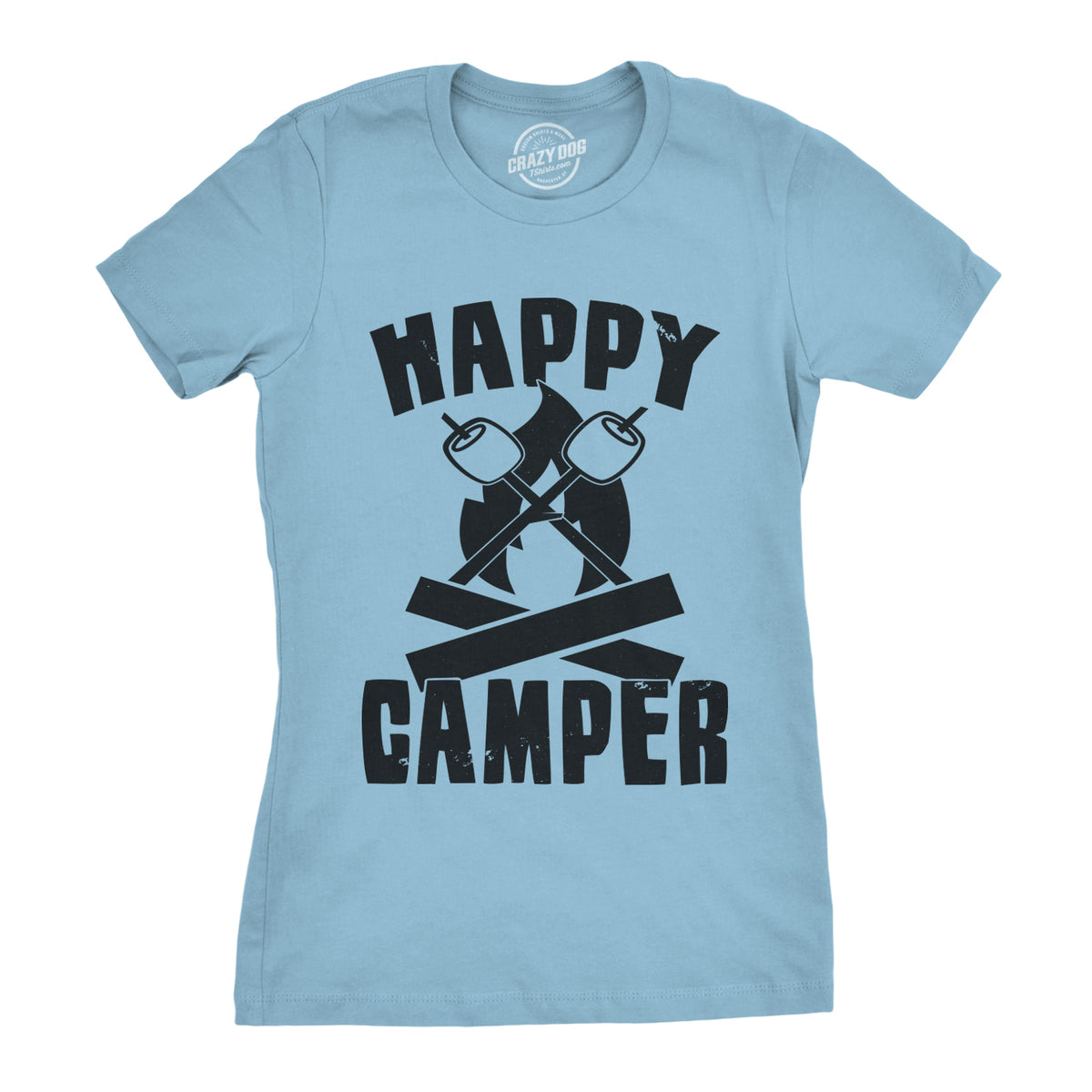 Funny Light Blue Happy Camper Womens T Shirt Nerdy Camping Retro Tee