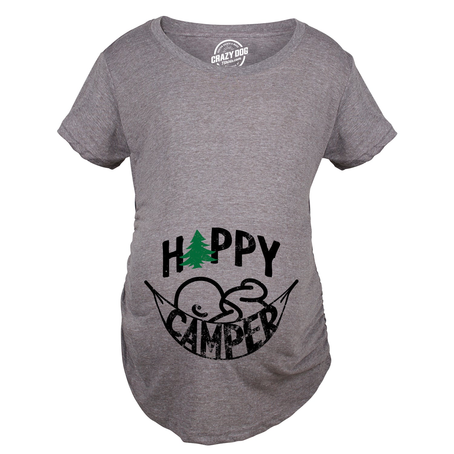 Funny Dark Heather Grey Happy Camper Maternity T Shirt Nerdy Camping Tee