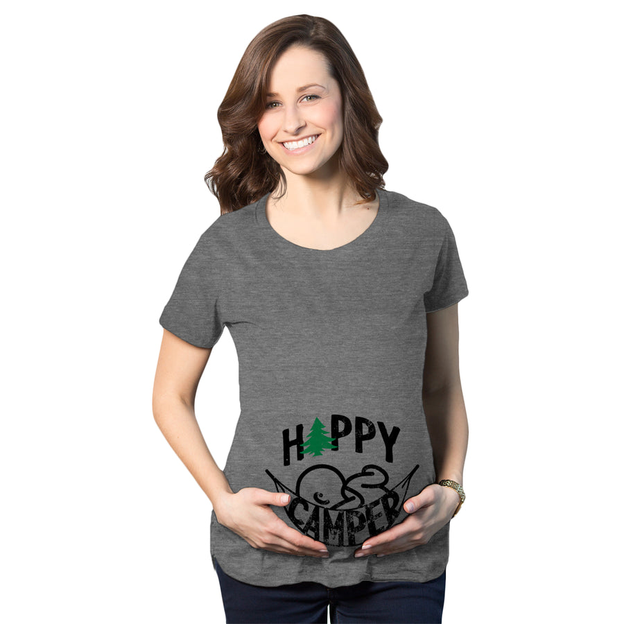 Funny Dark Heather Grey Happy Camper Maternity T Shirt Nerdy Camping Tee