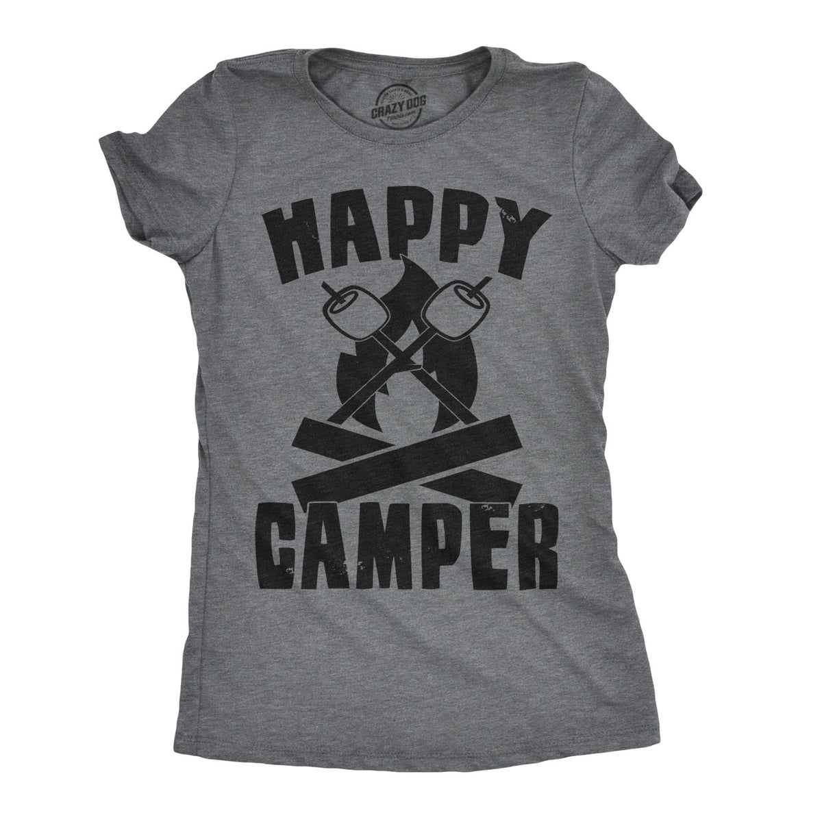 Funny Dark Heather Grey Happy Camper Womens T Shirt Nerdy Camping Retro Tee