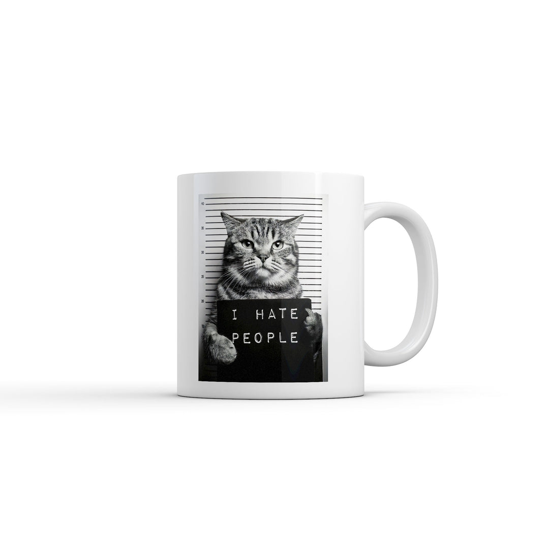Funny White I Hate People Cat Mugshot Coffee Mug Nerdy cat Sarcastic Tee