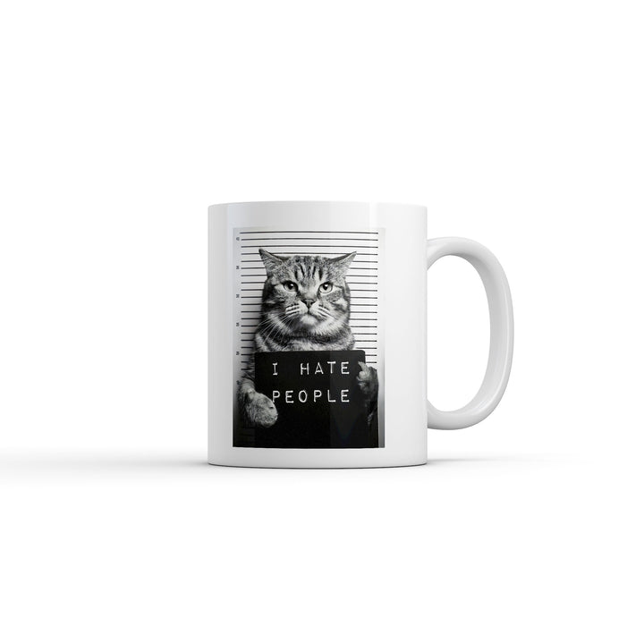 Funny White I Hate People Cat Mugshot Coffee Mug Nerdy cat Sarcastic Tee