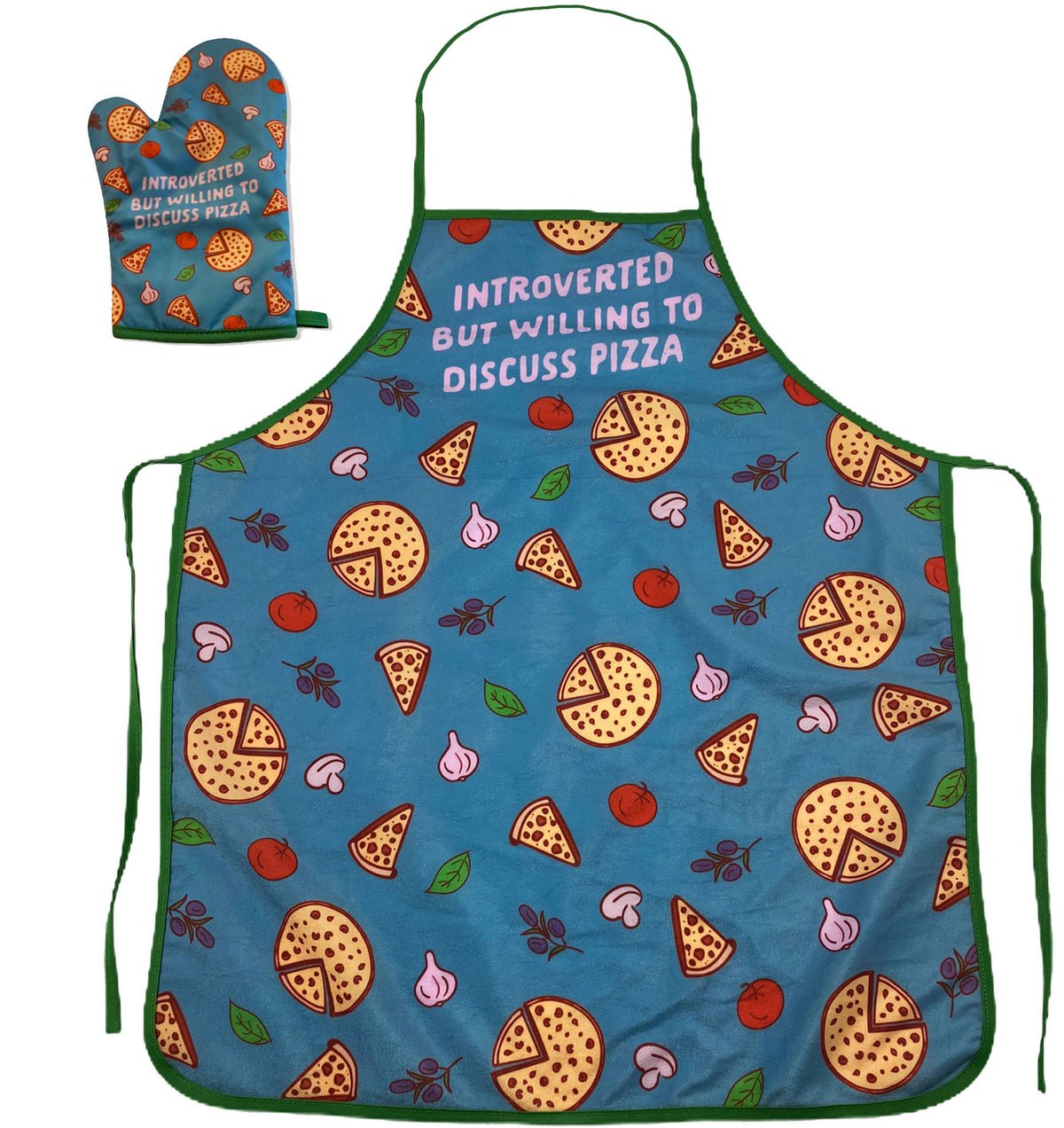 Funny Blue Introverted But Willing To Discuss Pizza Oven Mitt + Apron Nerdy Food Tee