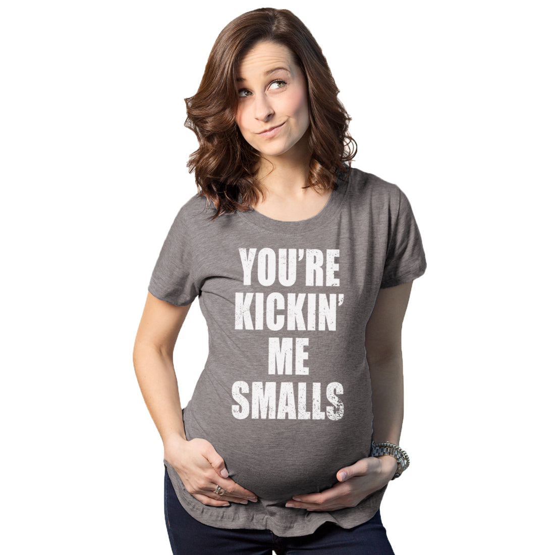 Funny Dark Heather Grey Kickin’ Me Smalls Maternity T Shirt Nerdy TV &amp; Movies Baseball Tee