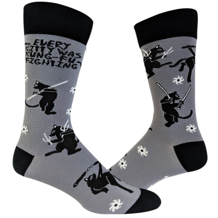 Funny Kitty Kung Fu Mens Every Kitty Was Kung-Fu Fighting Sock Nerdy Ninja Cat Tee