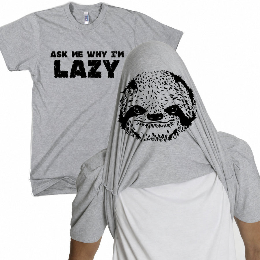 Funny Light Heather Grey Ask Me Why I'm Lazy Sloth Flip Mens T Shirt Nerdy Animal Flip Tee