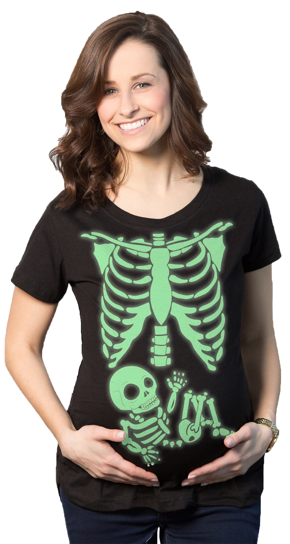 Funny Heather Black - Glow White Skeleton Rib Cage Maternity T Shirt Nerdy Halloween Tee