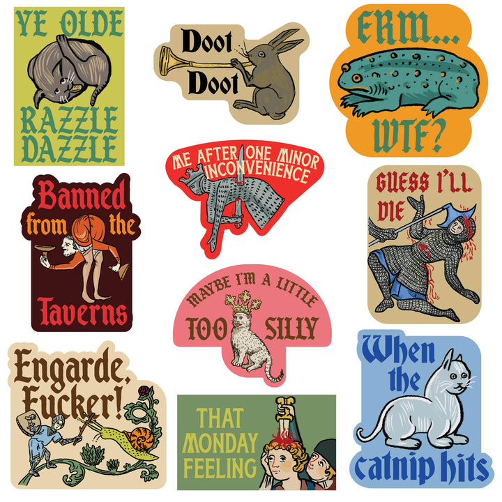 Funny Multi Medieval Stickers Nerdy retro Tee