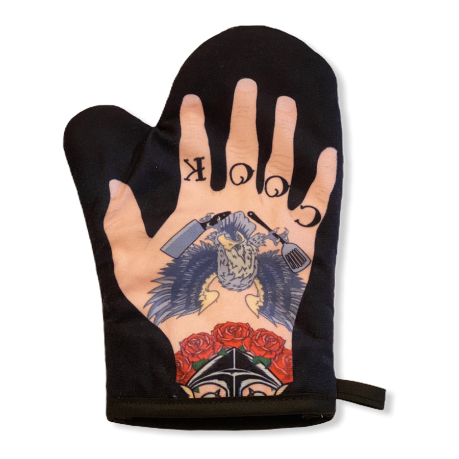 Funny Black Mens Tattoo Hand Oven Mitt Nerdy Food Tee