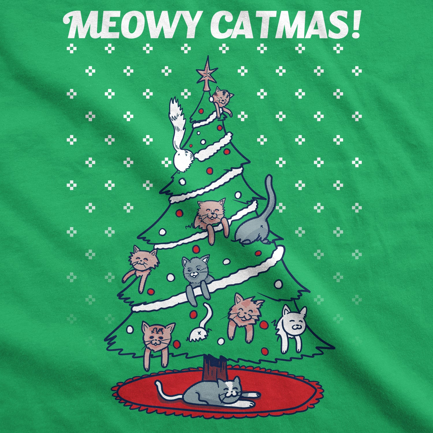 Funny Green Meowy Christmas Cat Tree Ugly Christmas Sweater Mens T Shirt Nerdy Christmas Ugly Sweater Cat Tee
