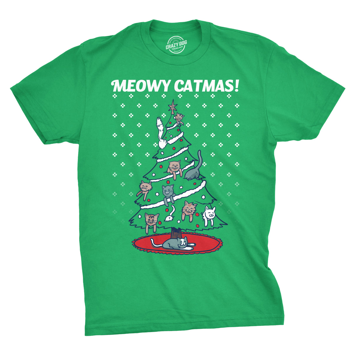 Funny Green Meowy Christmas Cat Tree Ugly Christmas Sweater Mens T Shirt Nerdy Christmas Ugly Sweater Cat Tee