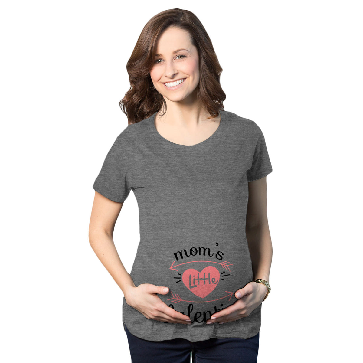 Funny Dark Heather Grey Mom&#39;s Little Valentine Maternity T Shirt Nerdy Valentine&#39;s Day Tee
