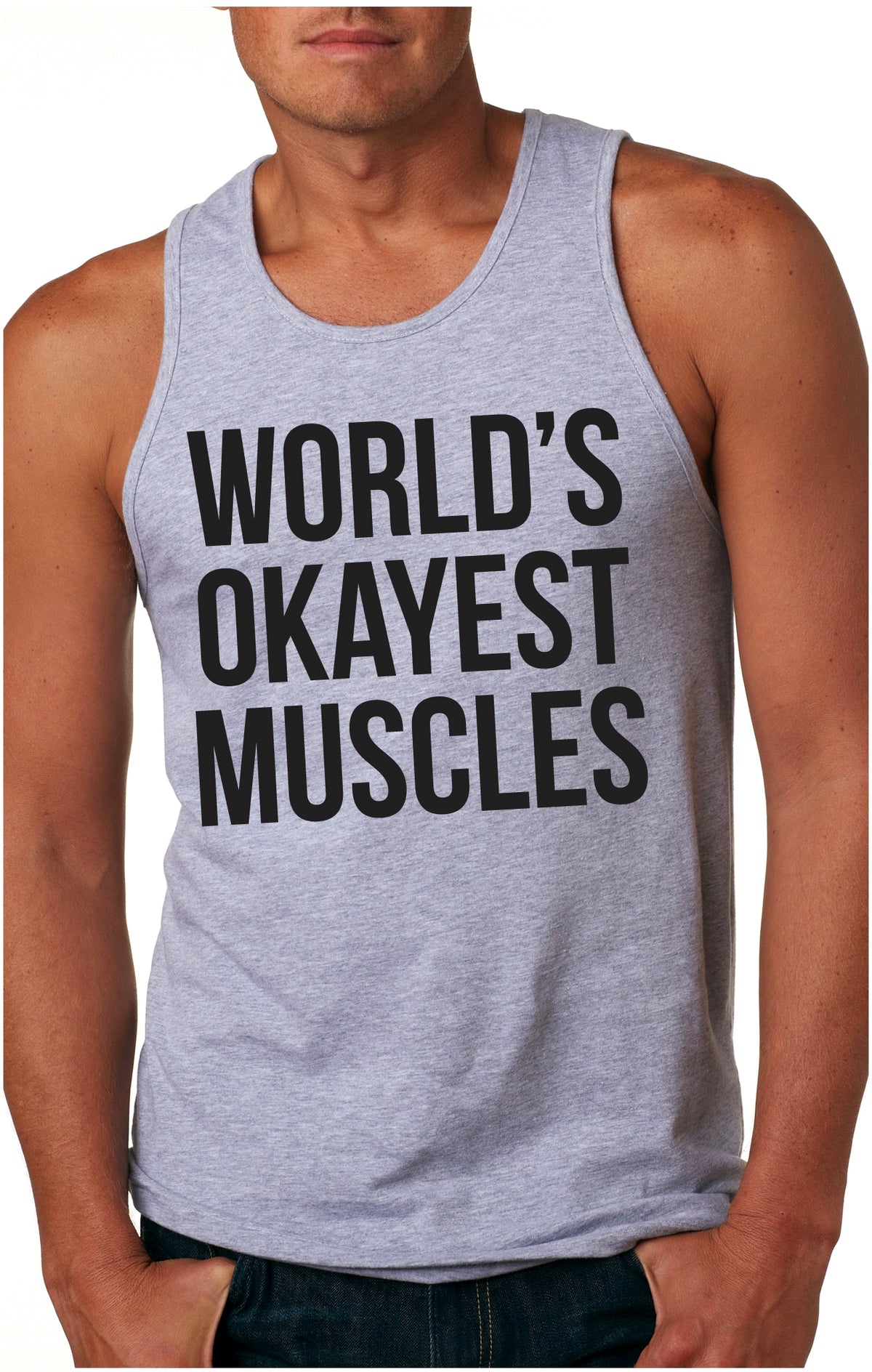 Funny Light Heather Grey World&#39;s Okayest Muscles Mens Tank Top Nerdy Fitness Okayest Tee