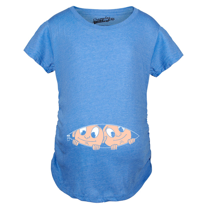 Funny Heather Light Blue Peeking Twins Maternity T Shirt Nerdy Peeking Tee