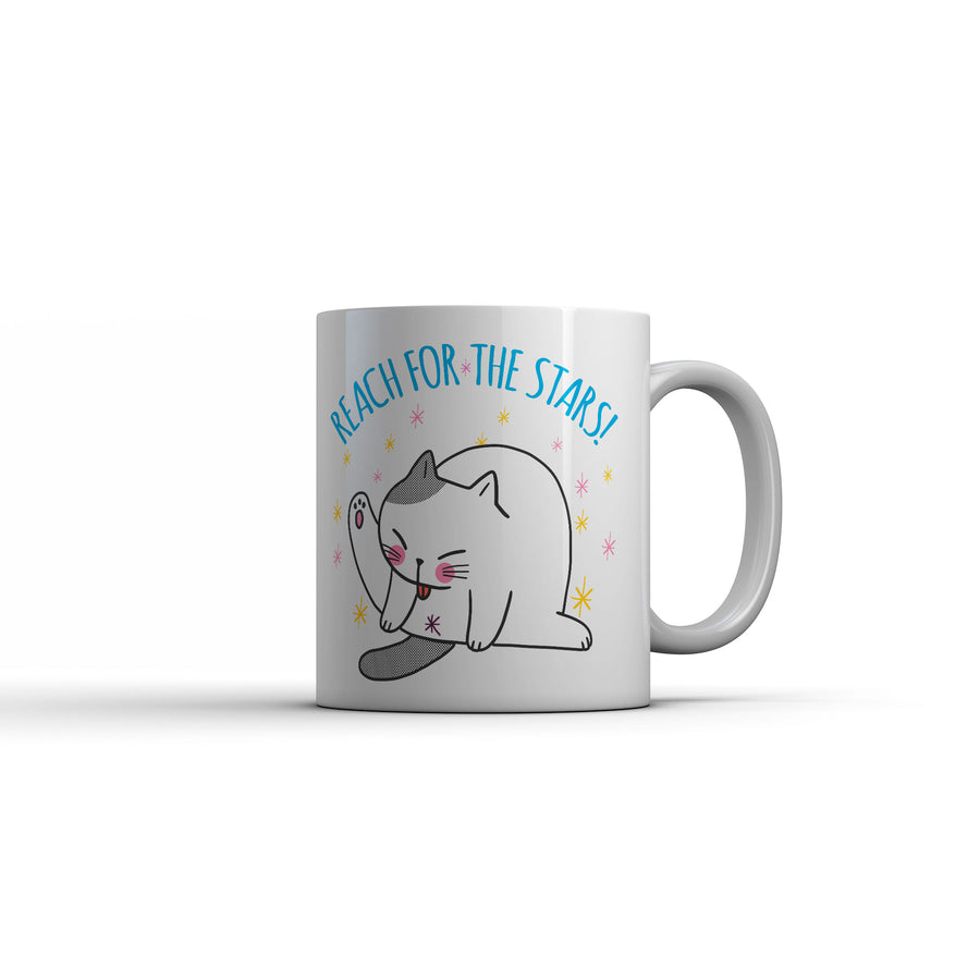 Funny White Reach For The Stars Coffee Mug Nerdy Cat Tee