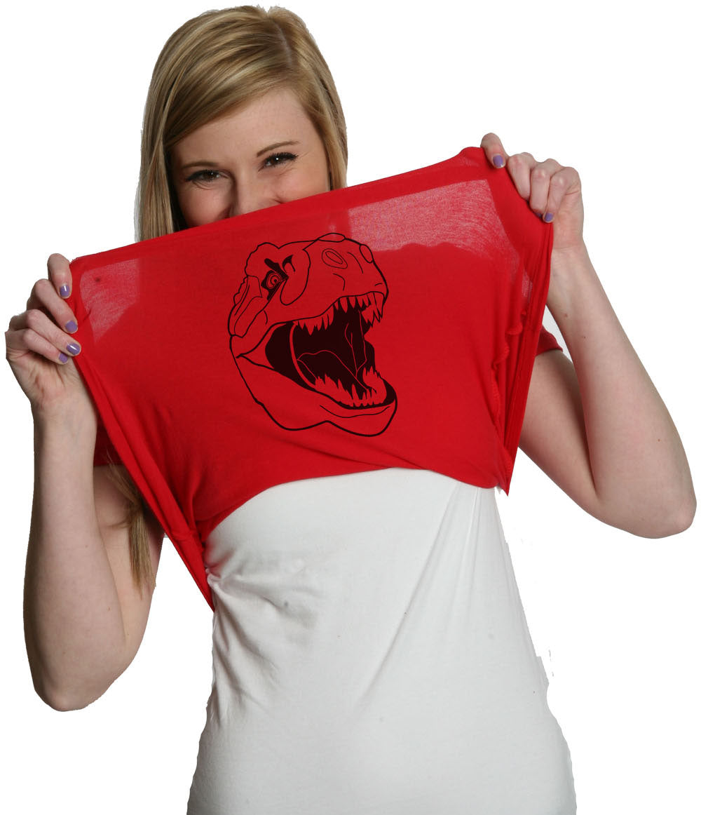 Funny Red Ask Me About My T-Rex Flip Womens T Shirt Nerdy Dinosaur Flip Tee
