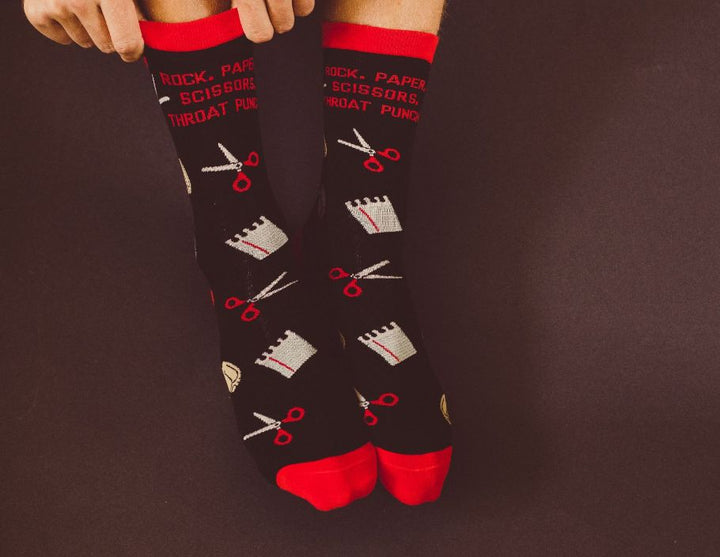 Mens Rock Paper Scissors Throat Punch Socks