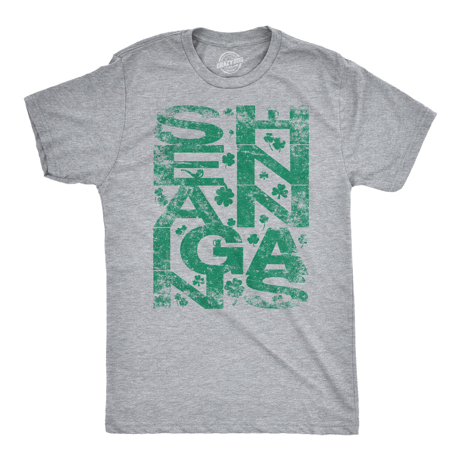 Funny Light Heather Grey Shenanigans Covered In Clovers Mens T Shirt Nerdy Saint Patrick's Day Retro Tee
