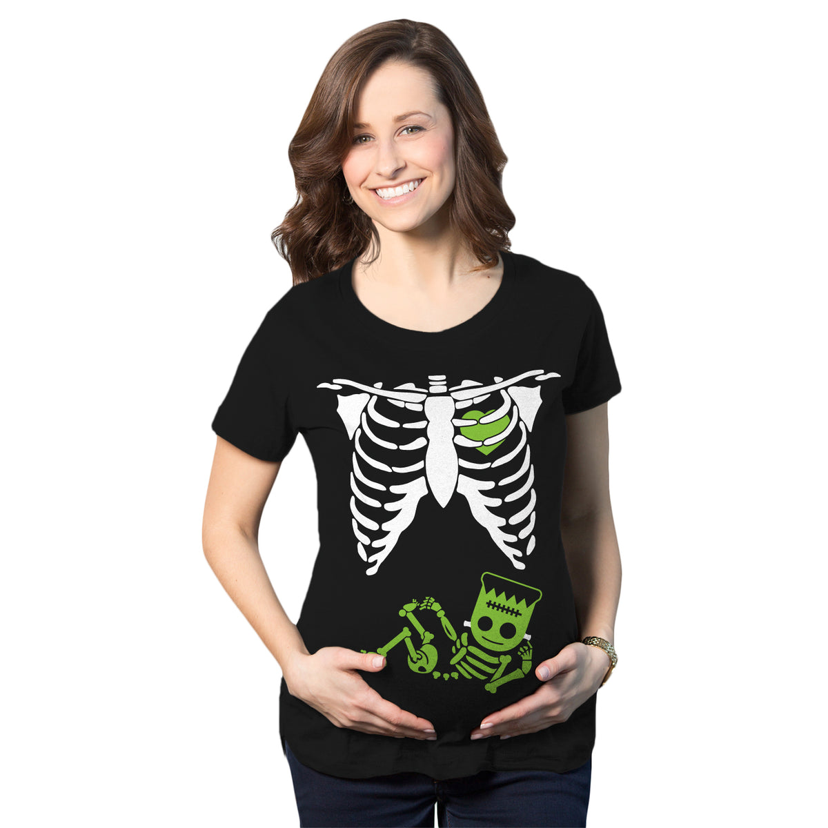 Funny Heather Black - Frankenstein Frankenstein Skeleton Maternity T Shirt Nerdy Halloween TV &amp; Movies Tee