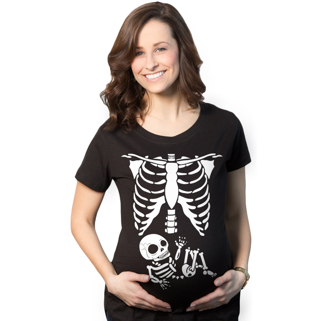 Funny White Skeleton Rib Cage Maternity T Shirt Nerdy Halloween Tee