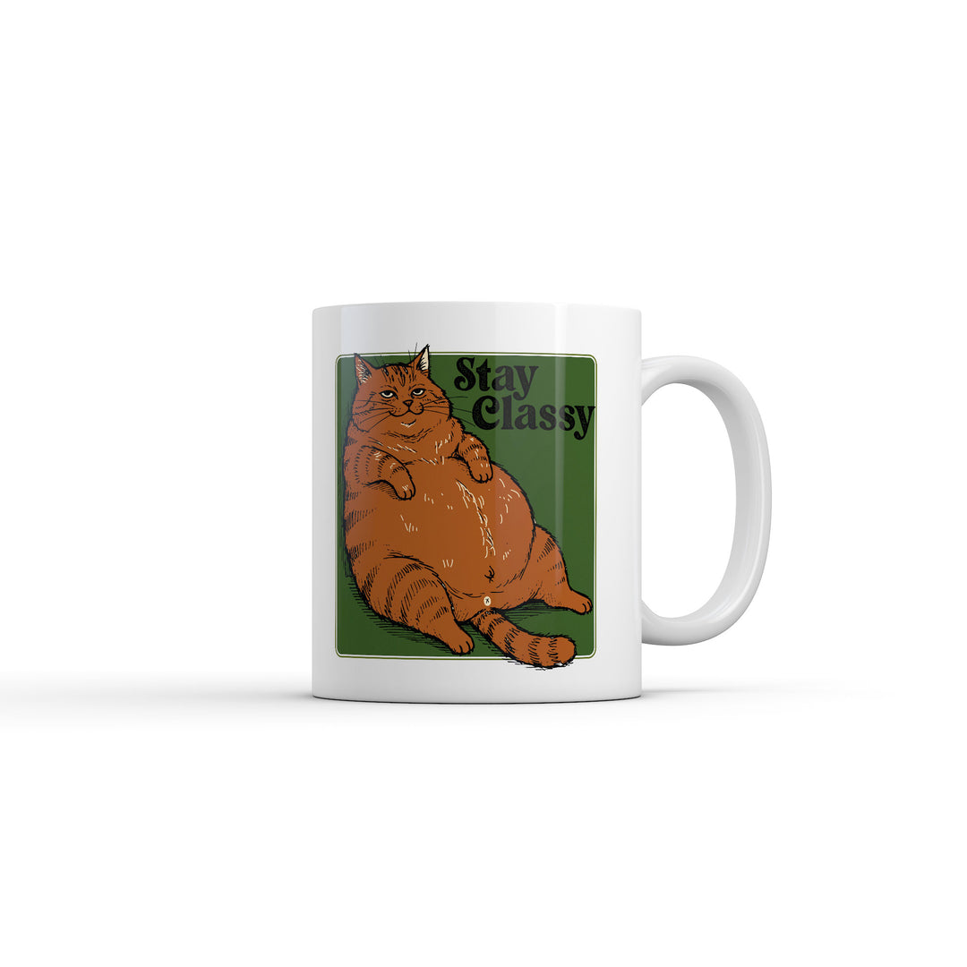 Funny White Stay Classy Coffee Mug Nerdy cat Tee
