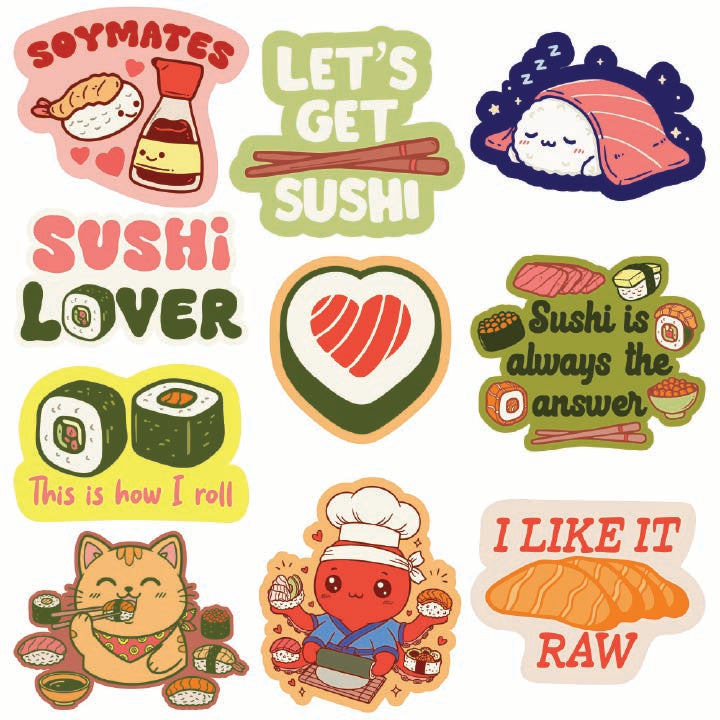 Funny Multi Sushi Stickers Nerdy food Tee