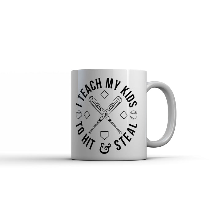 Funny White I Teach My Kids To Hit And Steal Mug Coffee Mug Nerdy baseball Tee