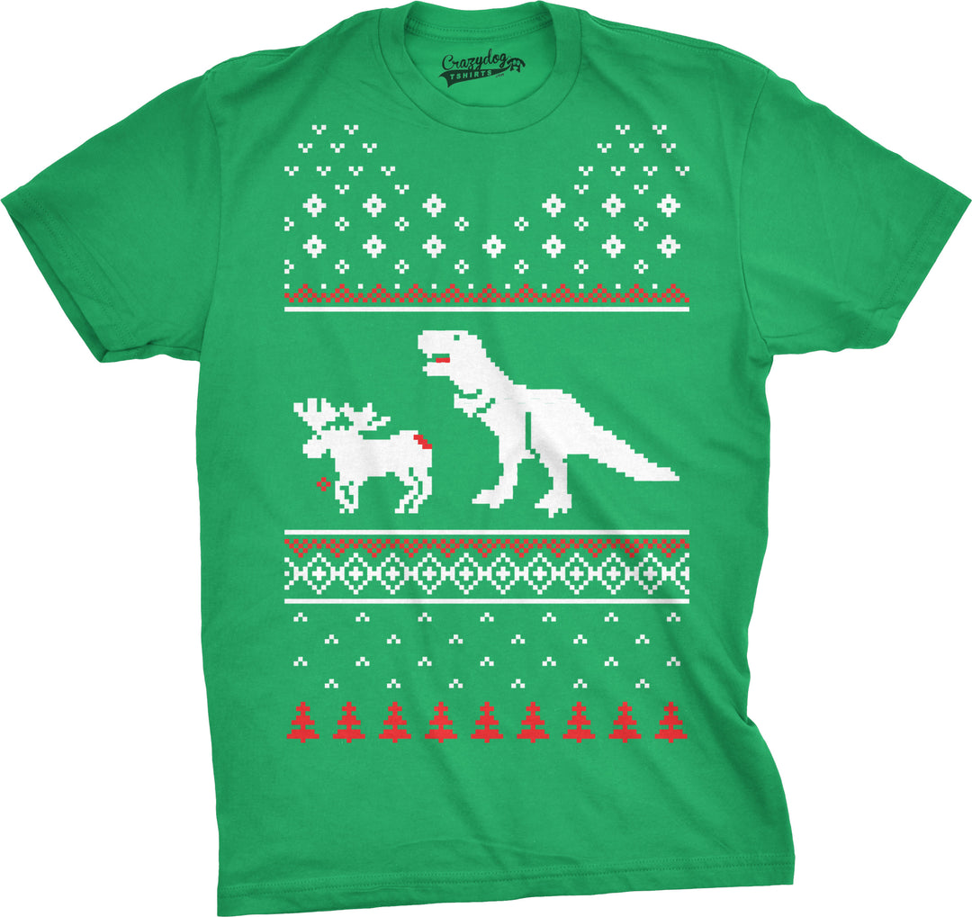 Funny Green T-Rex Attack Ugly Christmas Sweater Mens T Shirt Nerdy Christmas Dinosaur Ugly Sweater Tee
