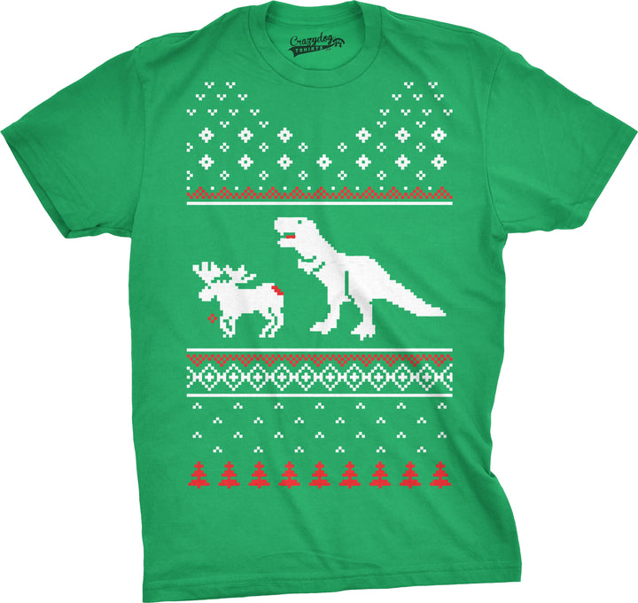 Funny Green T-Rex Attack Ugly Christmas Sweater Mens T Shirt Nerdy Christmas Dinosaur Ugly Sweater Tee