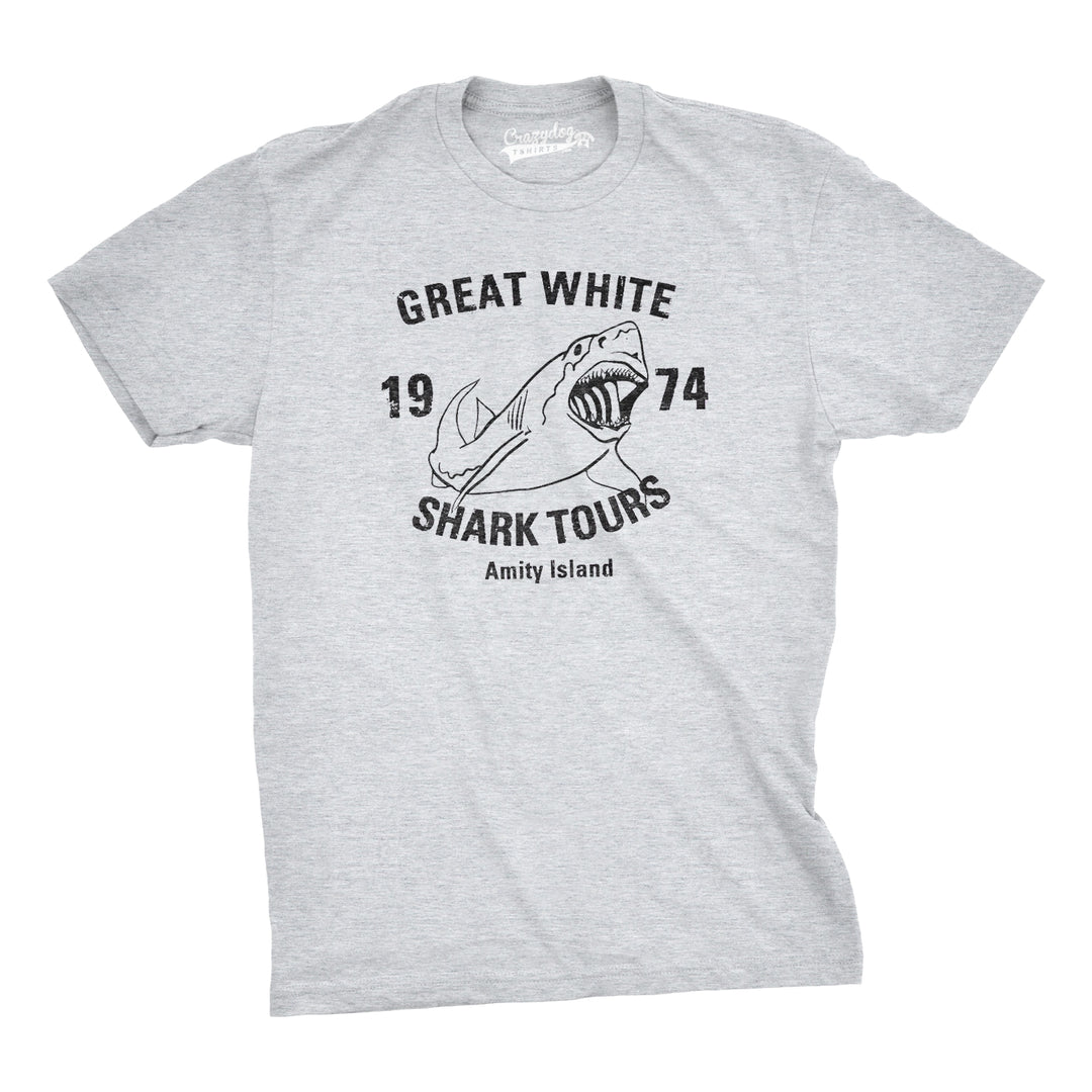 Funny Light Heather Grey Great White Shark Tours Mens T Shirt Nerdy Shark Week TV & Movies Retro Tee