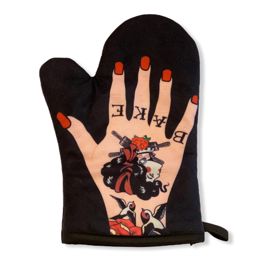 Funny Black Womens Tattoo Hand Oven Mitt Nerdy Food Tee