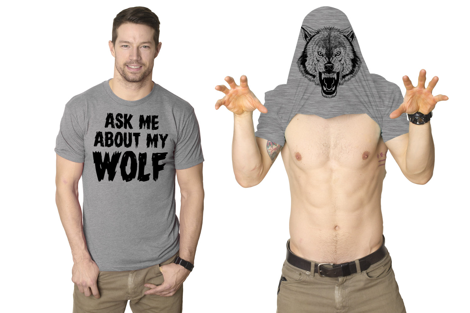 Funny Light Heather Grey Ask Me About My Wolf Flip Mens T Shirt Nerdy Animal Flip Tee
