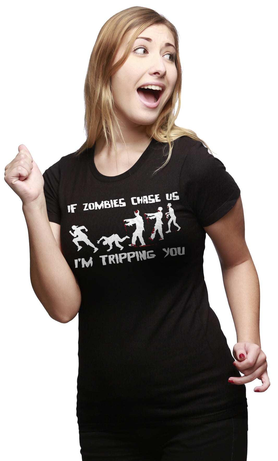 Funny Black If Zombies Chase Us I'm Tripping You Womens T Shirt Nerdy Halloween zombie sarcastic Tee