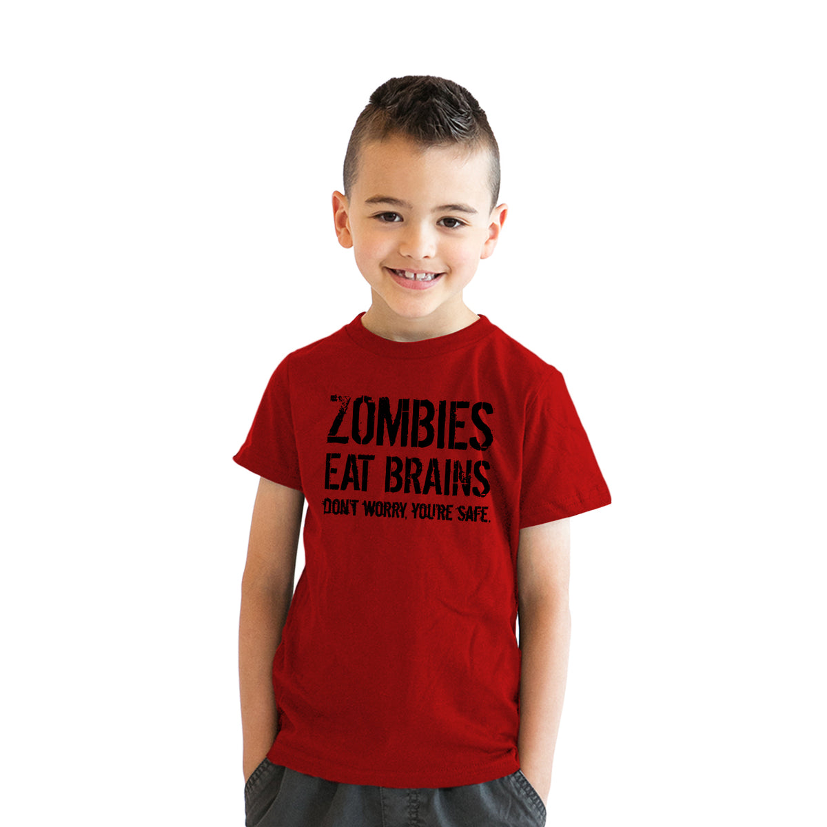 Funny Heather Red Zombies Eat Brains, You&#39;re Safe Youth T Shirt Nerdy Halloween Sarcastic zombie Tee