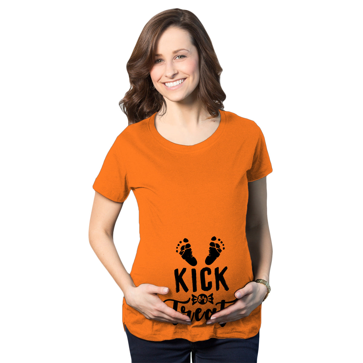Funny Orange Kick or Treat Maternity T Shirt Nerdy Halloween Tee