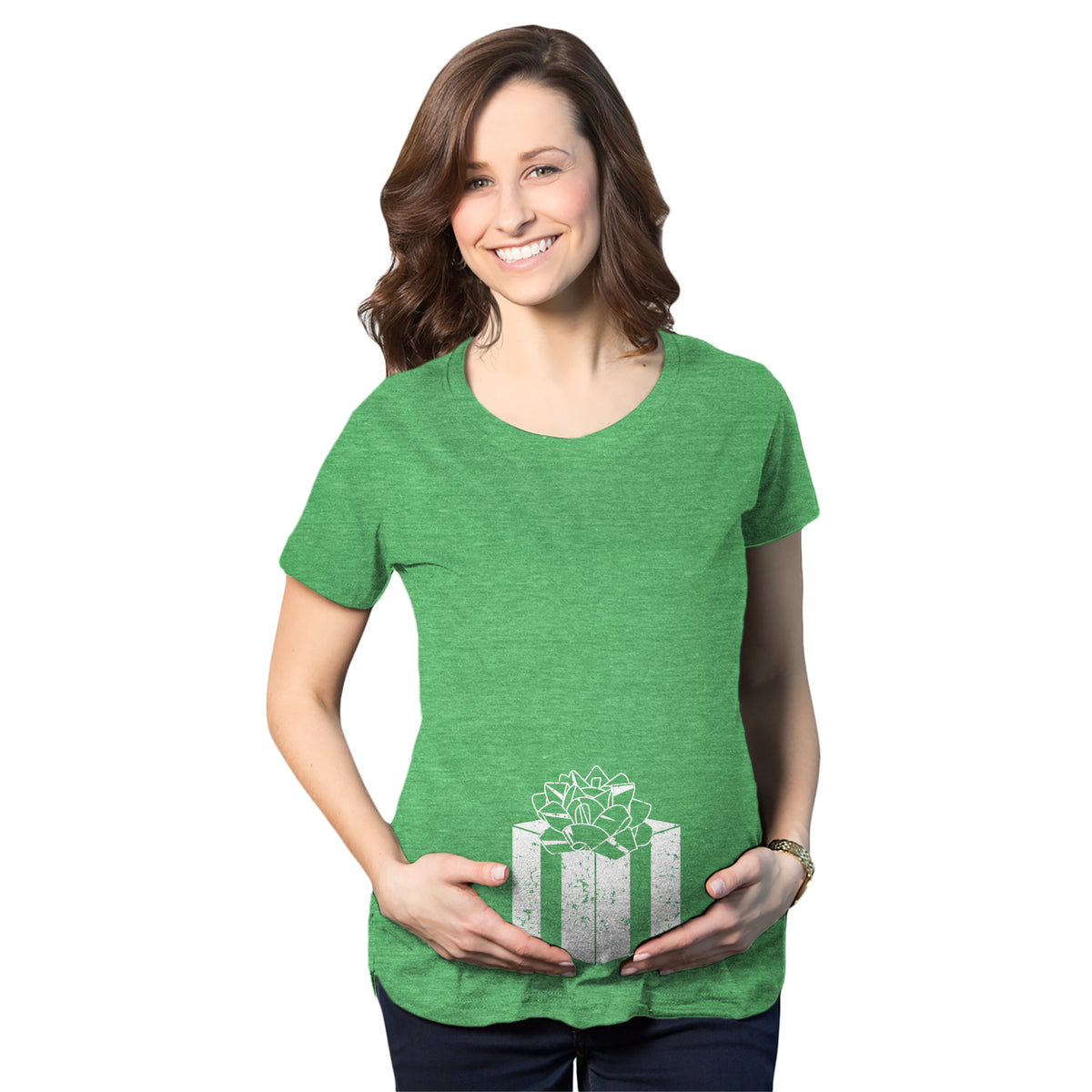 Funny Heather Green Belly Present Maternity T Shirt Nerdy Christmas Tee