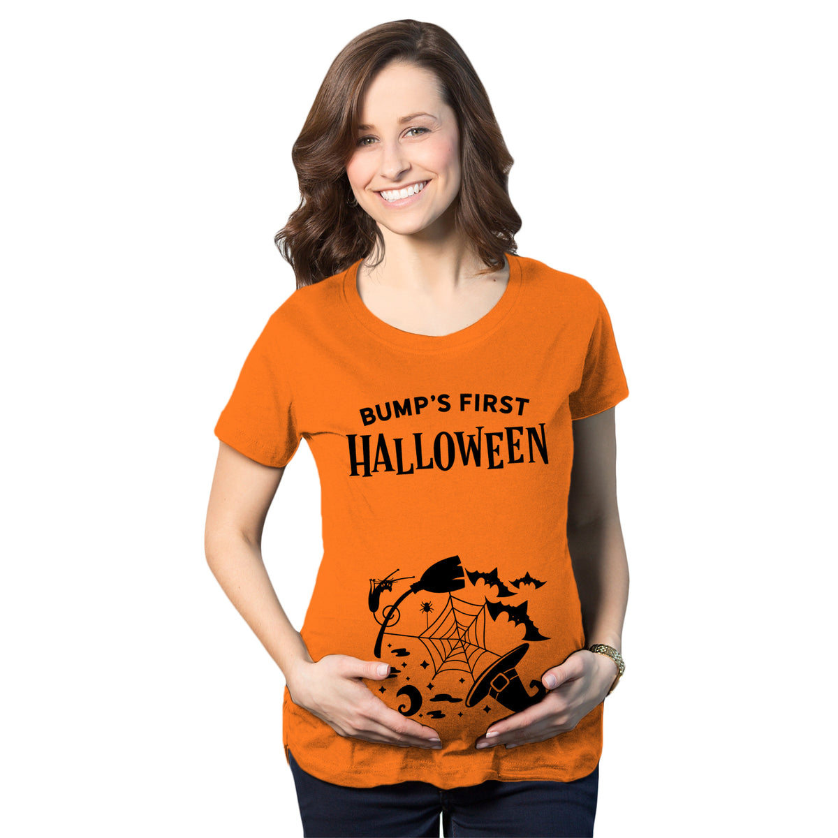 Funny Orange Bump&#39;s First Halloween Maternity T Shirt Nerdy Halloween Tee