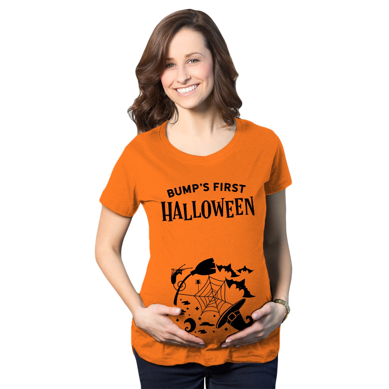 Funny Orange Bump's First Halloween Maternity T Shirt Nerdy Halloween Tee